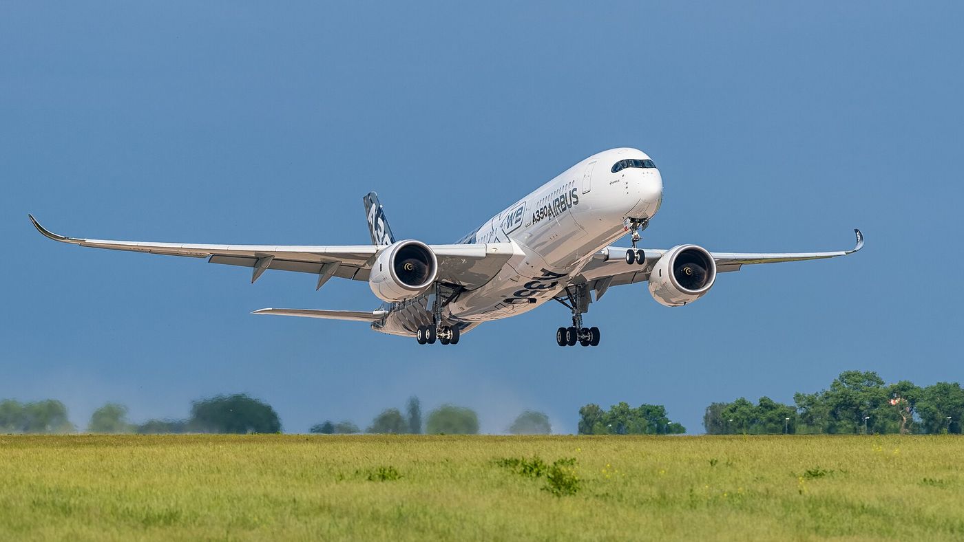 An Airbus A350 on takeoff.