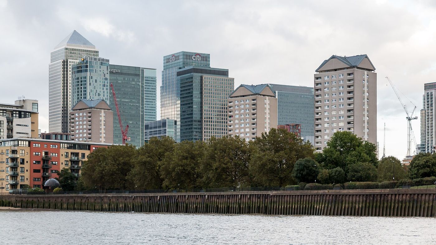 Office towers in London’s Docklands, where vacancy rates have climbed above 20 percent and several 1990s buildings are being converted to housing.