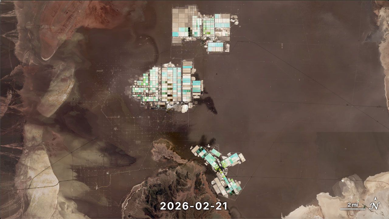Evaporation ponds on the Salar de Atacama in northern Chile, where brine is concentrated to produce lithium carbonate for batteries.