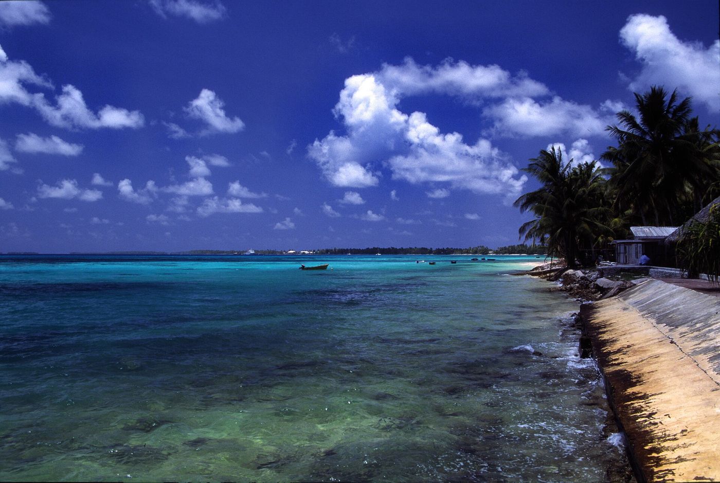 The lagoon at Funafuti, the capital atoll of Tuvalu, where the highest point is about four meters above sea level.