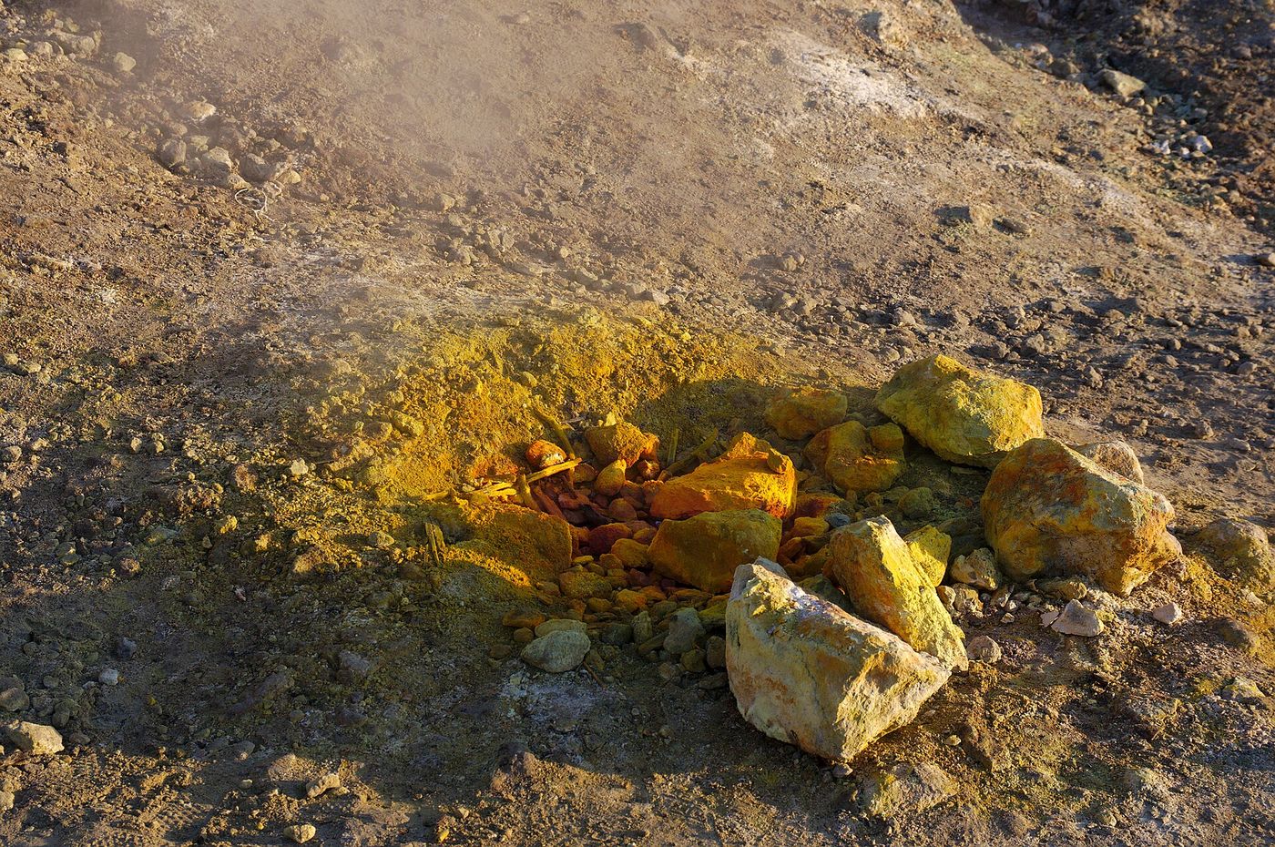 Steam vents at the Solfatara crater in Pozzuoli, part of the Campi Flegrei volcanic system west of Naples.