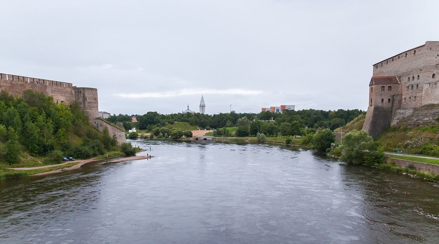 Narva Castle on the Estonian bank of the Narva River, facing Russia on the opposite shore.