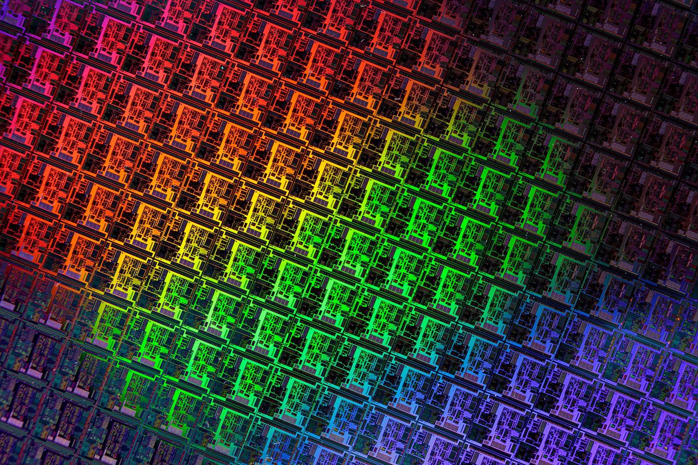 A finished silicon wafer, each square a single chip, before it is cut and packaged.
