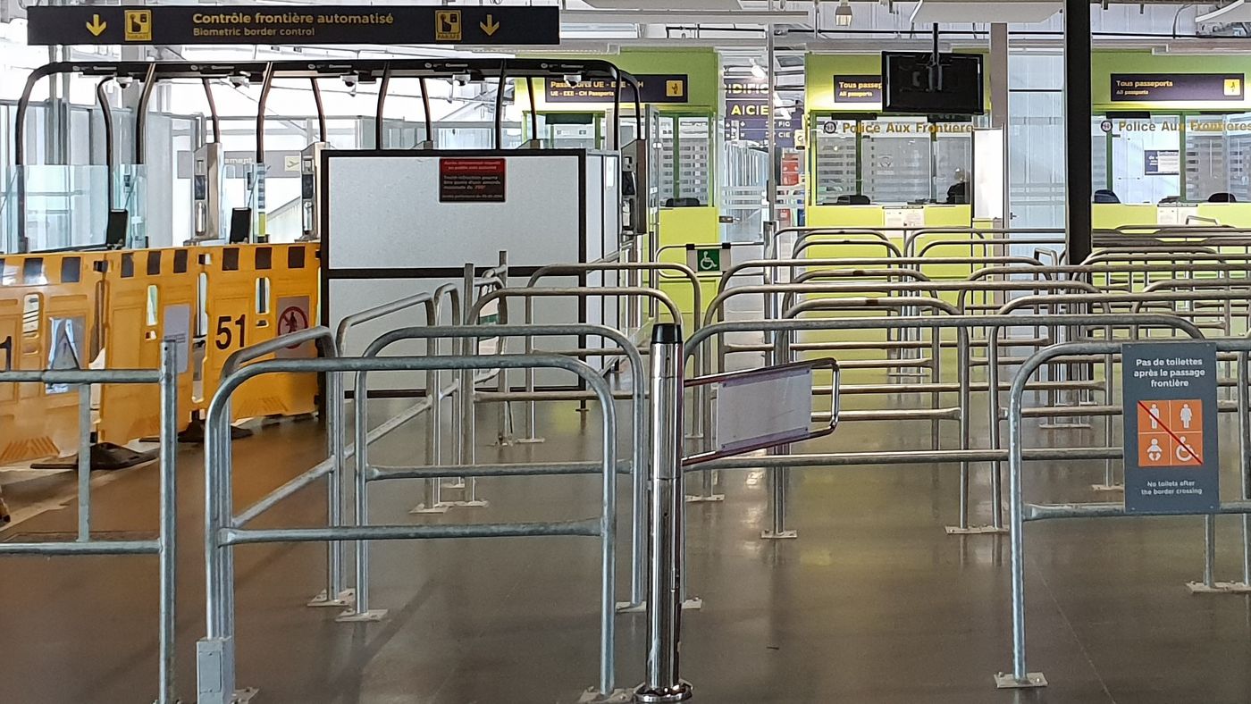 Automated border gates at a European airport. Non-E.U. travelers now register fingerprints and a facial image on their first entry.